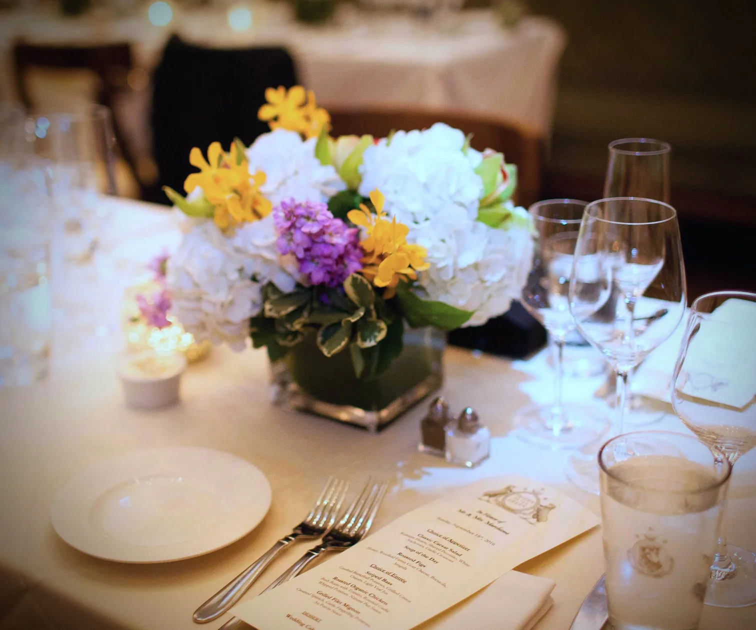 Florals prepared for a wedding reception in the Clubhouse main hall